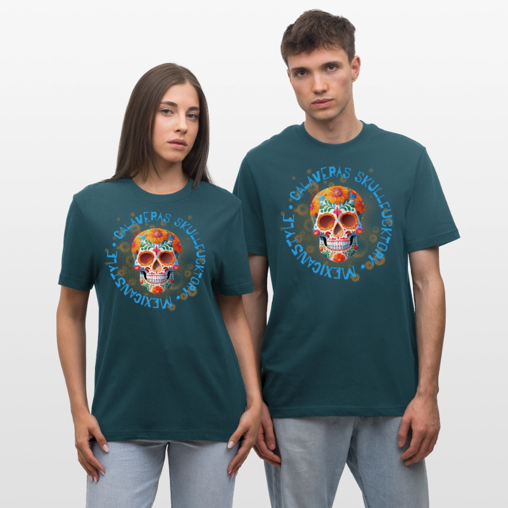 Relaxed Fit Unisex Bio-T-Shirt mit CALAVERAS MEXICANSTYLE PRINT Vorderseite - Dunkles Petrol