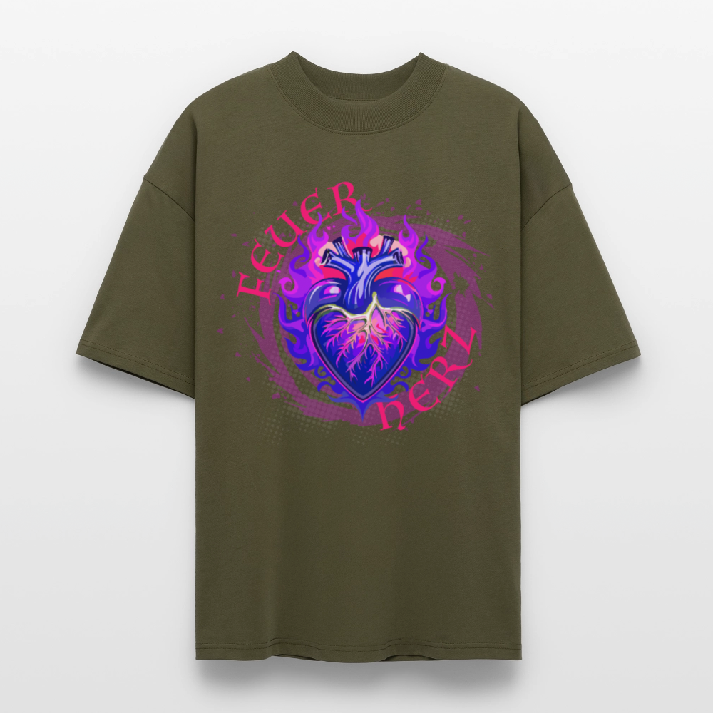 Oversized Unisex Bio T-Shirt mit FEUERHERZ LILA PRINT - Khaki