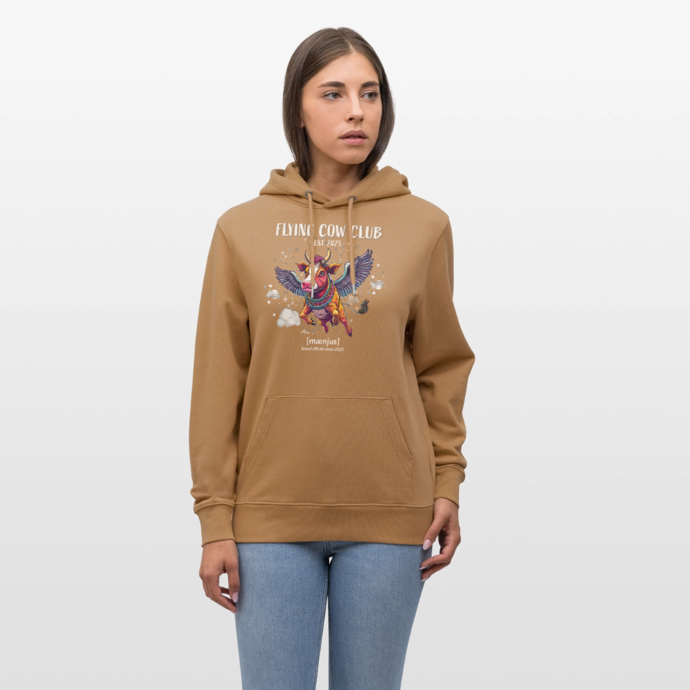 Unisex Bio-Hoodie mit FLYING COW CLUB PRINT Vorderseite - Karamell