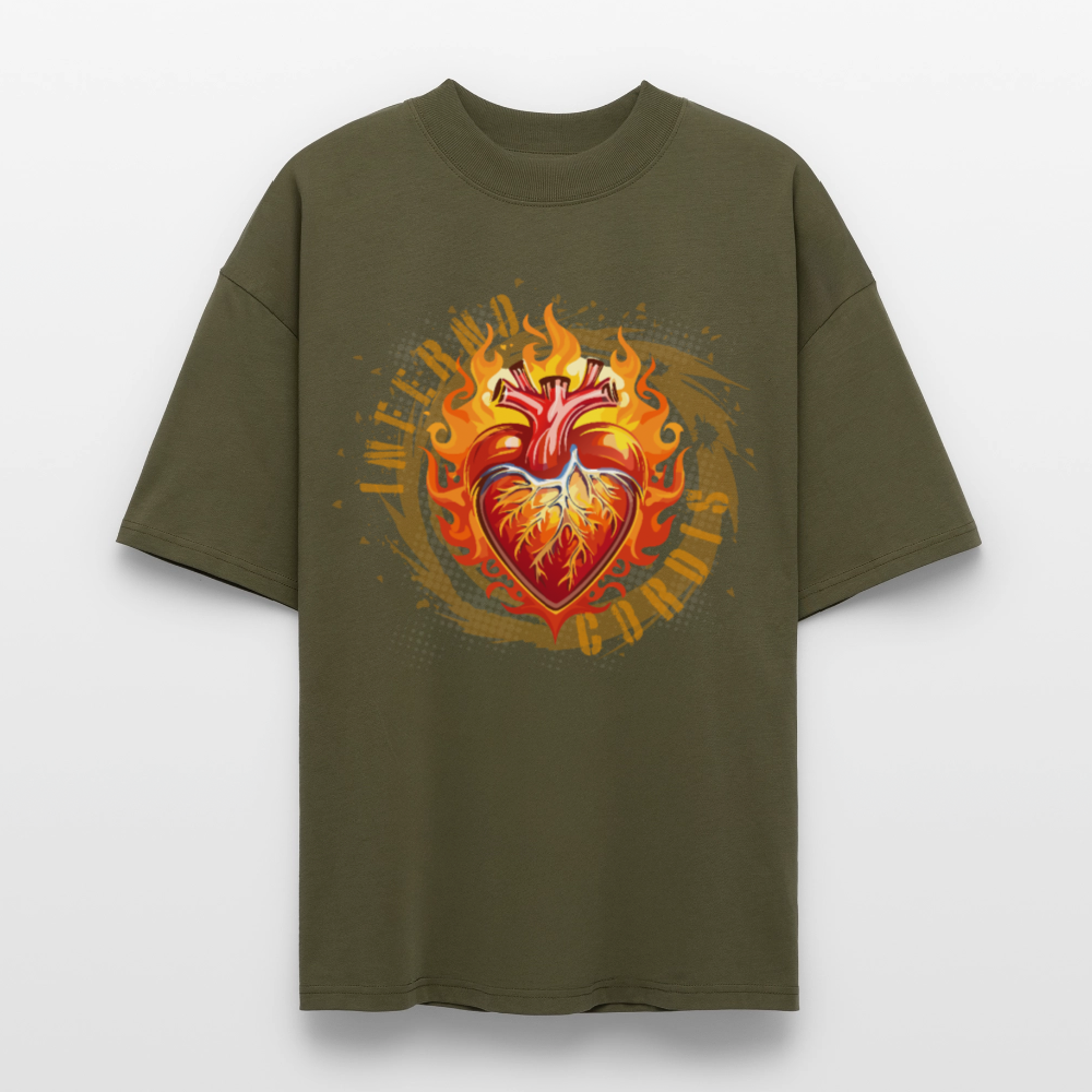 Oversized Unisex Bio T-Shirt mit FEUERHERZ ORANGE PRINT - Khaki