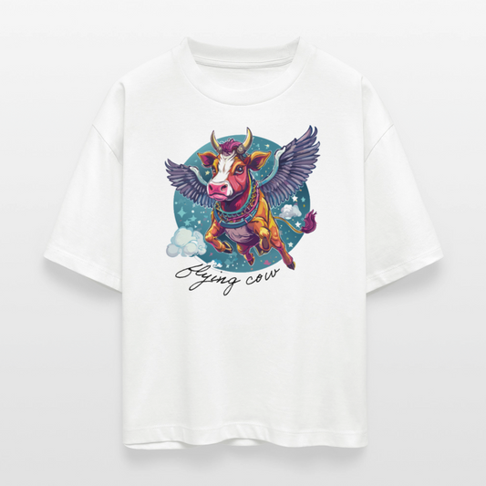 Frauen Boxy Bio-T-Shirt mit FLYING COW PRINT - Weiß