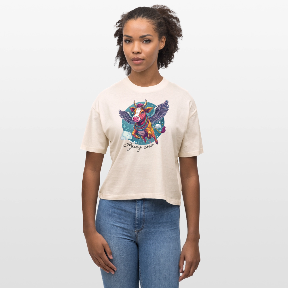 Frauen Boxy Bio-T-Shirt mit FLYING COW PRINT - Weißgrau