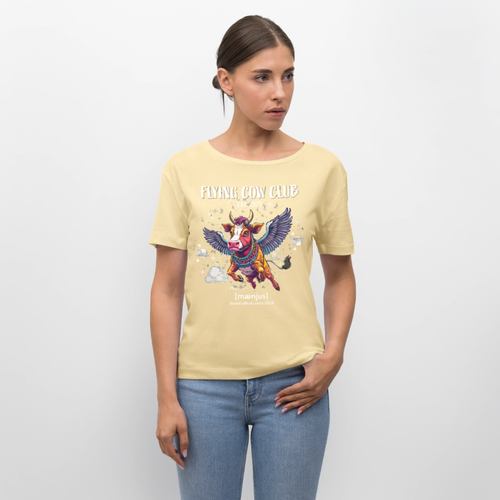 Relaxed Rundhals Frauen Bio-T-Shirt mit FLYING COW CLUB PRINT - Creme