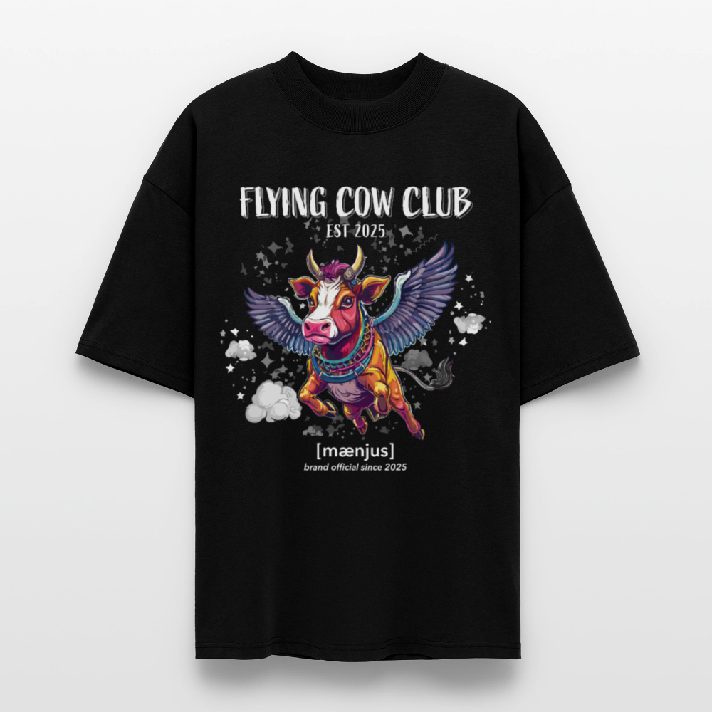 Oversized Unisex Bio T-Shirt mit FLYING COW CLUB PRINT Vorderseite - Schwarz