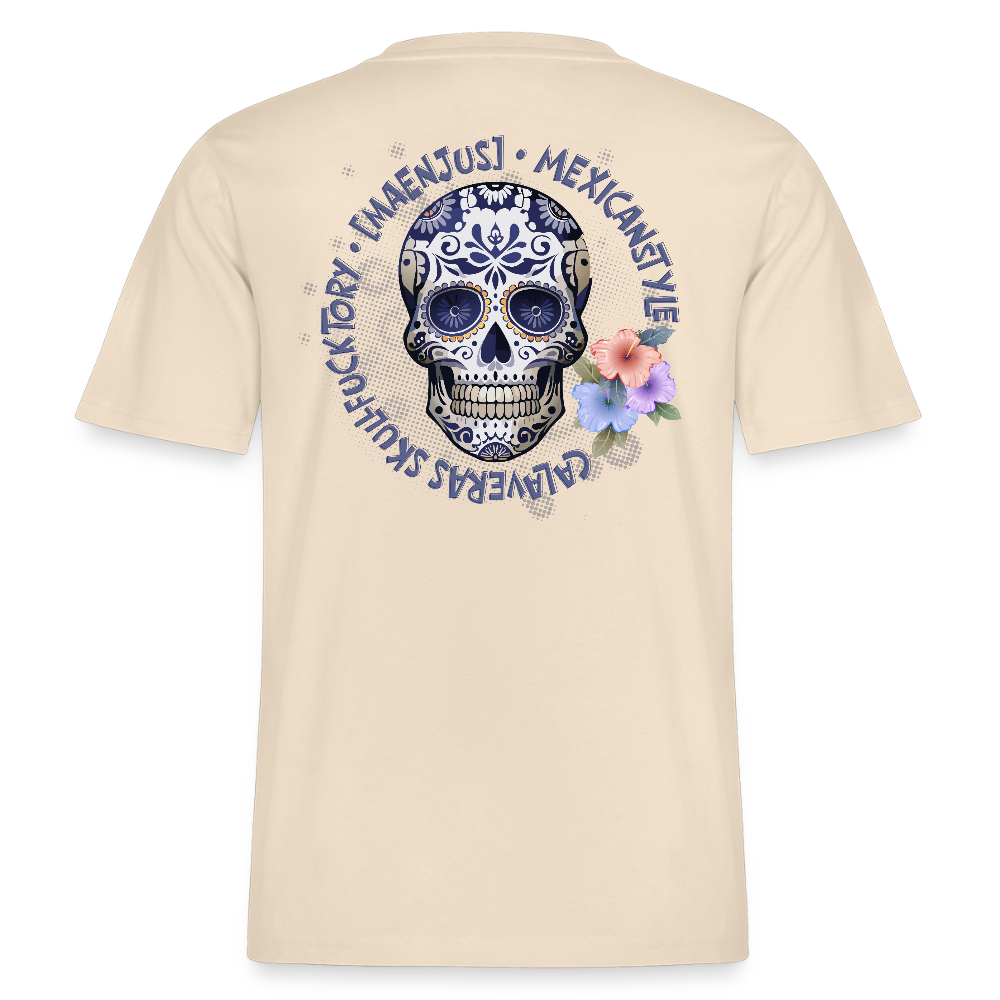 Relaxed Fit Unisex Bio-T-Shirt mit MAENJUS MEXICANSTYLE PRINT Vorder- und Rückseite - Weißgrau