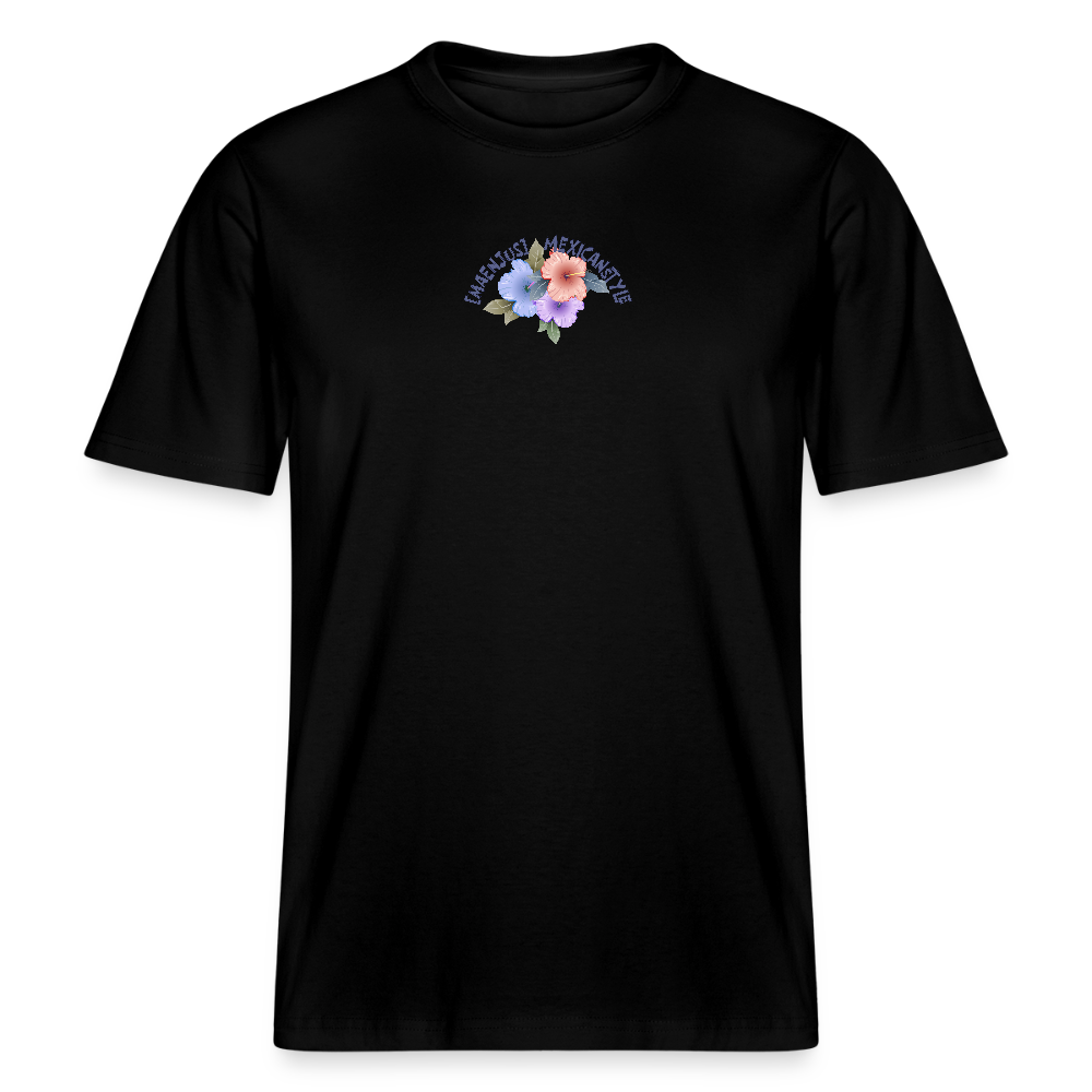 Relaxed Fit Unisex Bio-T-Shirt mit MAENJUS MEXICANSTYLE PRINT Vorder- und Rückseite - Schwarz