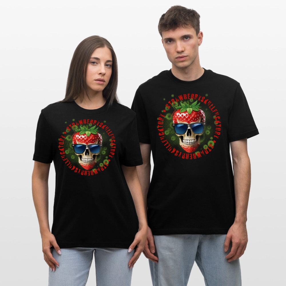 Relaxed Fit Unisex Bio-T-Shirt mit STRAWBERRY SKULL PRINT Vorderseite - Schwarz