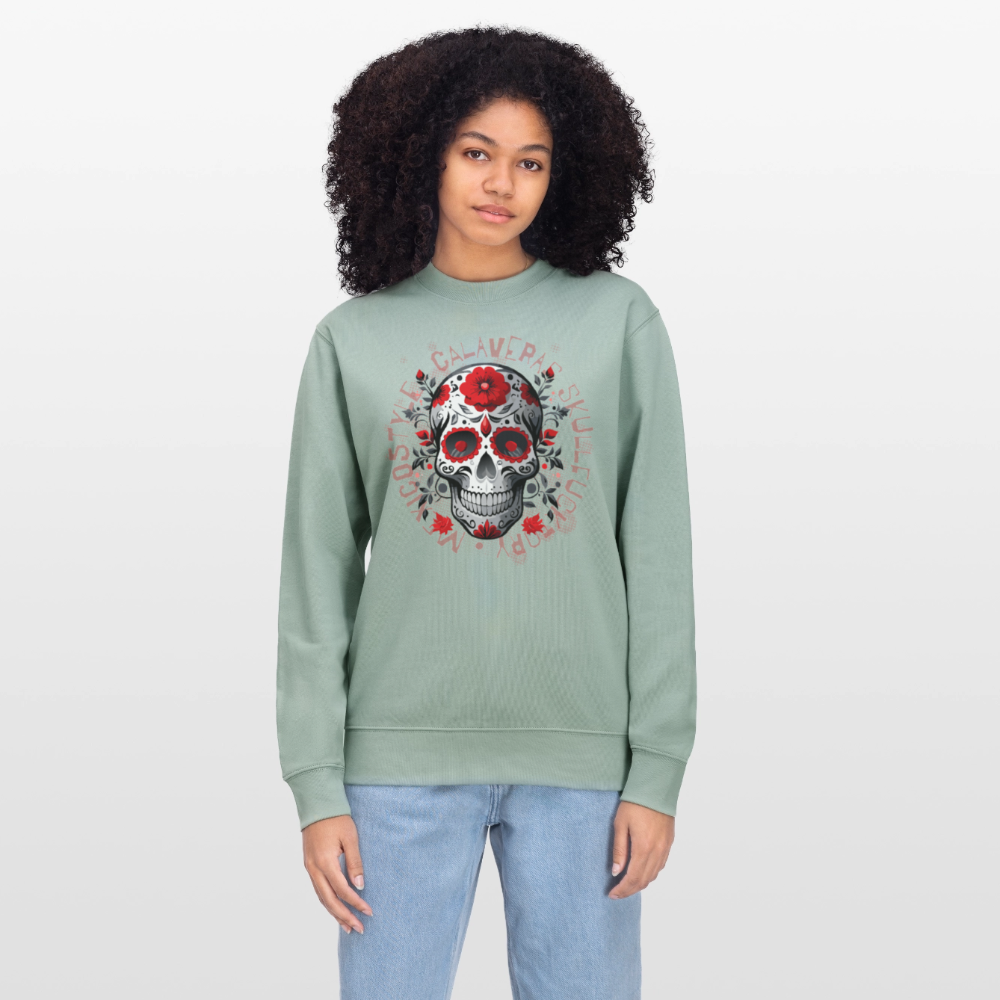 Unisex Bio-Sweatshirt mit CALAVERAS SKULL PRINT - Helles Graugrün