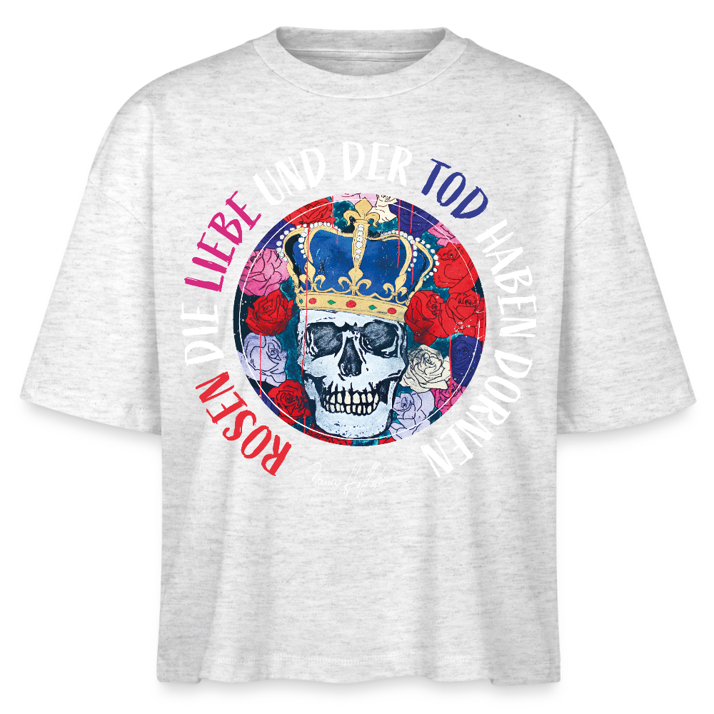 Frauen Boxy Bio-T-Shirt mit ROSEN DIE LIEBE UND DER TOD HABEN DORNEN PRINT - Weiß meliert