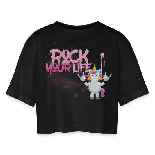 Frauen Oversized Cropped T-Shirt mit ROCK YOUR LIFE PRINT - Schwarz