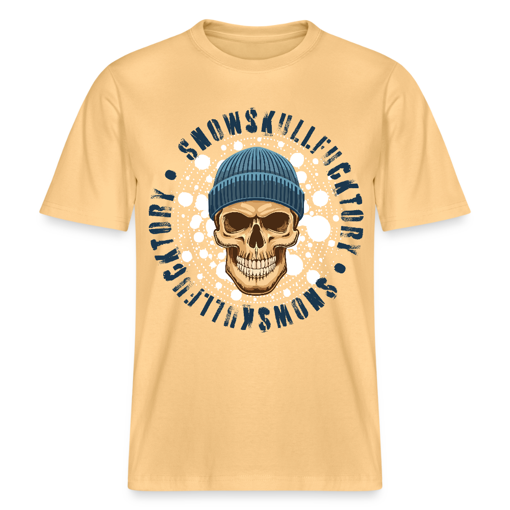 Relaxed Fit Unisex Bio-T-Shirt mit SNOWSKULL FUCKTORY PRINT Vorderseite - Hellgelb
