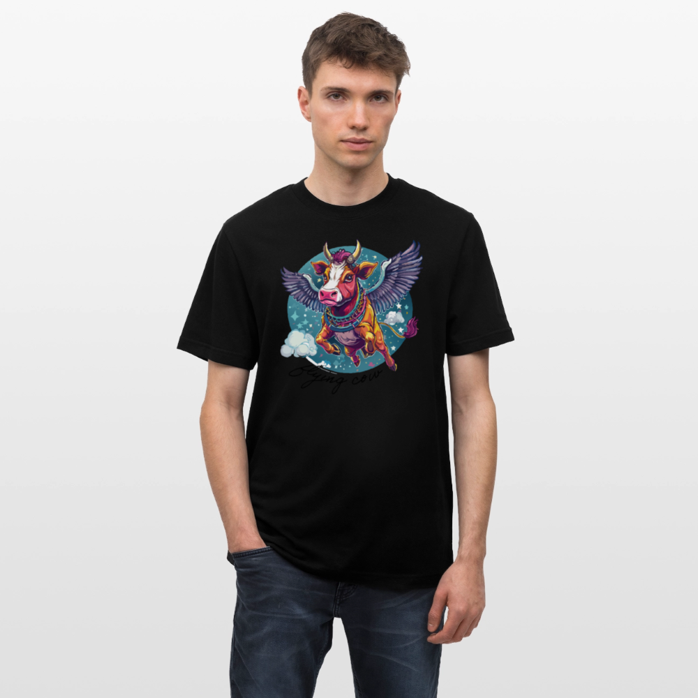 Relaxed Fit Unisex Bio-T-Shirt mit FLYING COW PRINT Vorderseite - Schwarz