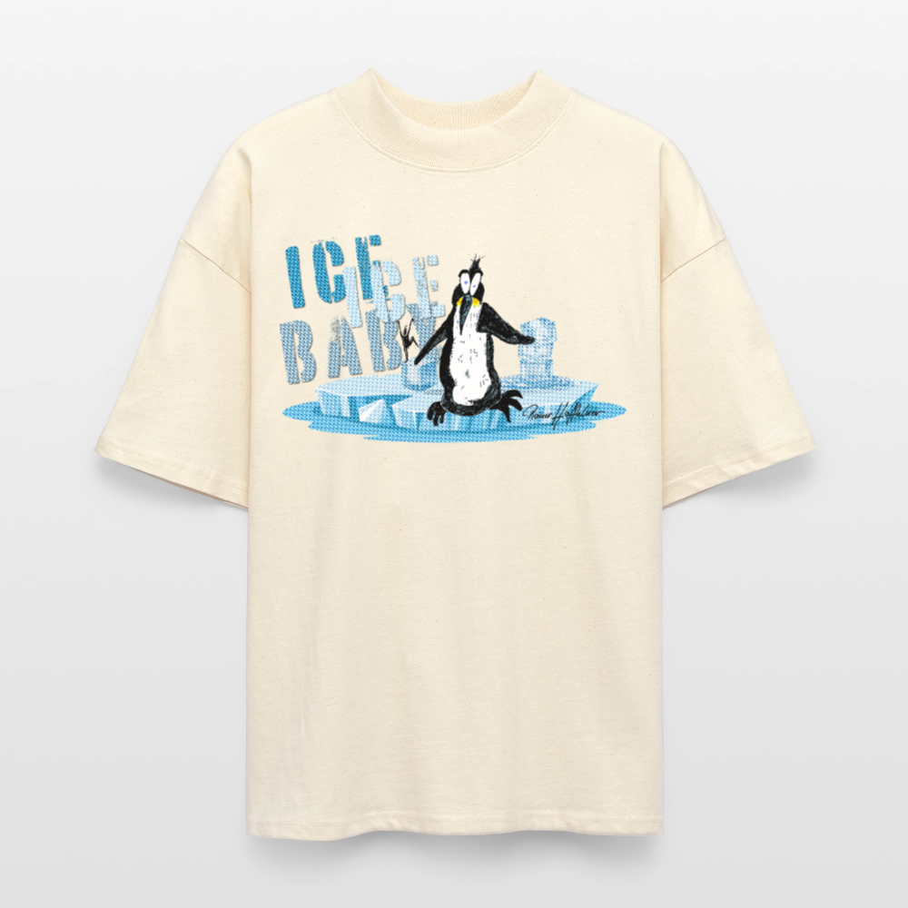 Oversized Unisex Bio T-Shirt mit ICE ICE BABY PINGUIN PRINT - Weißgrau