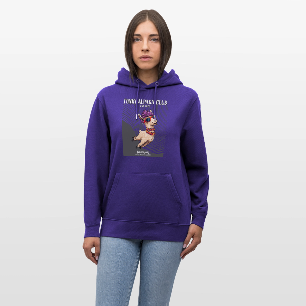 Unisex Bio-Hoodie mit FUNKY ALPAKA CLUB PRINT Vorderseite - Purple Love