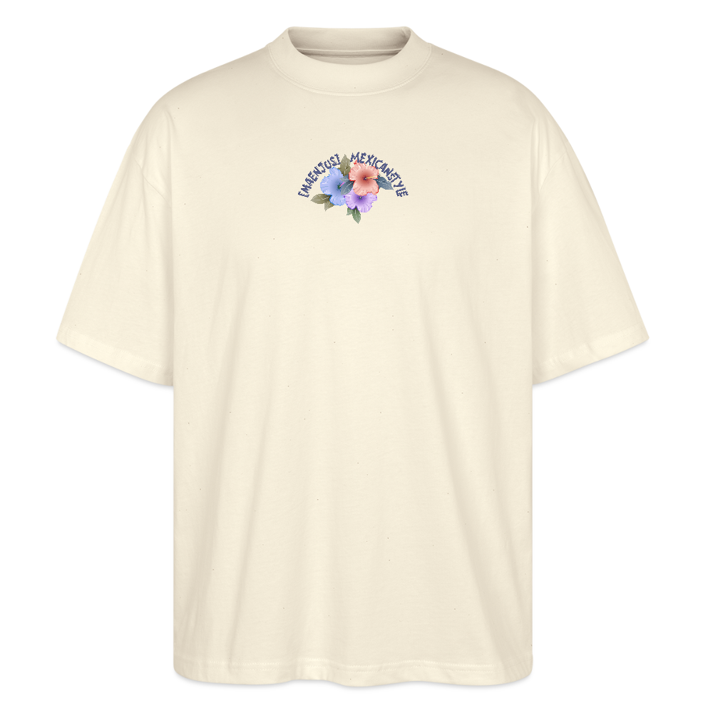 Oversized Unisex T-Shirt mit MAENJUS MEXICANSTYLE PRINT Vorder- und Rückseite - Weißgrau