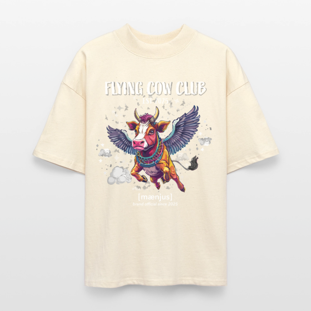 Oversized Unisex Bio T-Shirt mit FLYING COW CLUB PRINT Vorderseite - Weißgrau