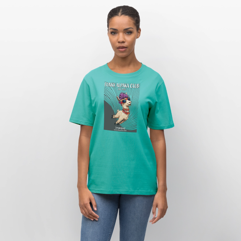 Unisex Bio-T-Shirt mit FUNKY ALPAKA CLUB PRINT Vorderseite - Poolblau