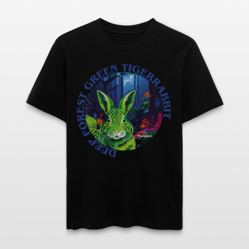 Relaxed Fit Unisex Bio-T-Shirt mit DEEP FOREST GREEN TIGERRABBIT PRINT Vorderseite - Schwarz