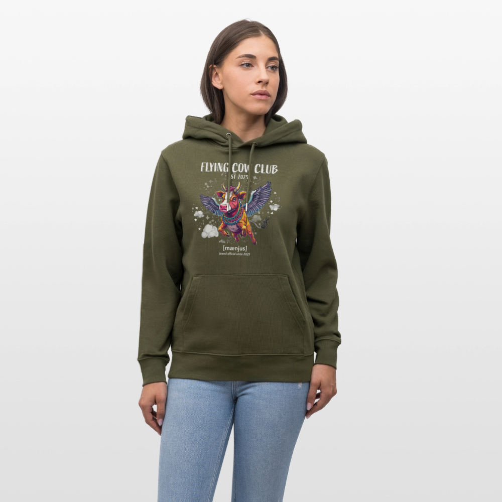 Unisex Bio-Hoodie mit FLYING COW CLUB PRINT Vorderseite - Khaki Grün