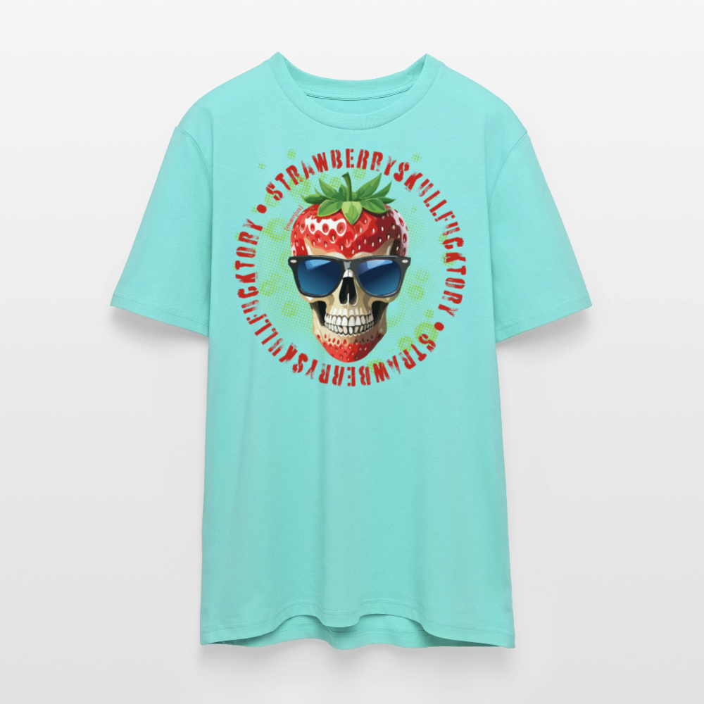 Unisex Bio-T-Shirt mit STRAWBERRY SKULL PRINT Vorderseite - Poolblau