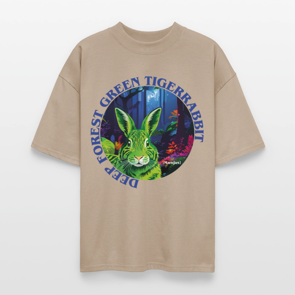 Oversized Unisex T-Shirt mit DEEP FOREST GREEN TIGERRABBIT PRINT Vorderseite - Steingrau
