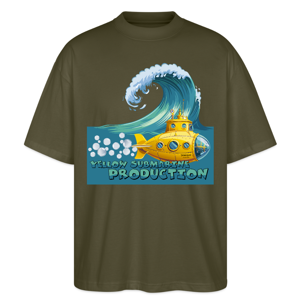 Oversized Unisex Bio T-Shirt mit YELLOW SUBMARINE PRODUCTION PRINT Vorderseite - Khaki