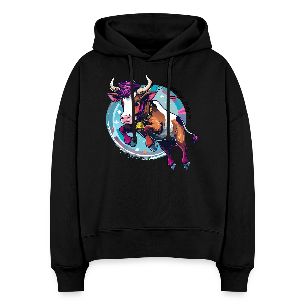 Boxy Frauen Bio Hoodie mit FUNKY COW PRINT - Schwarz