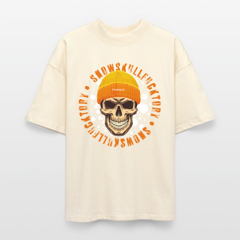Oversized Unisex Bio T-Shirt mit SNOWSKULL FUCKTORY PRINT - Weißgrau