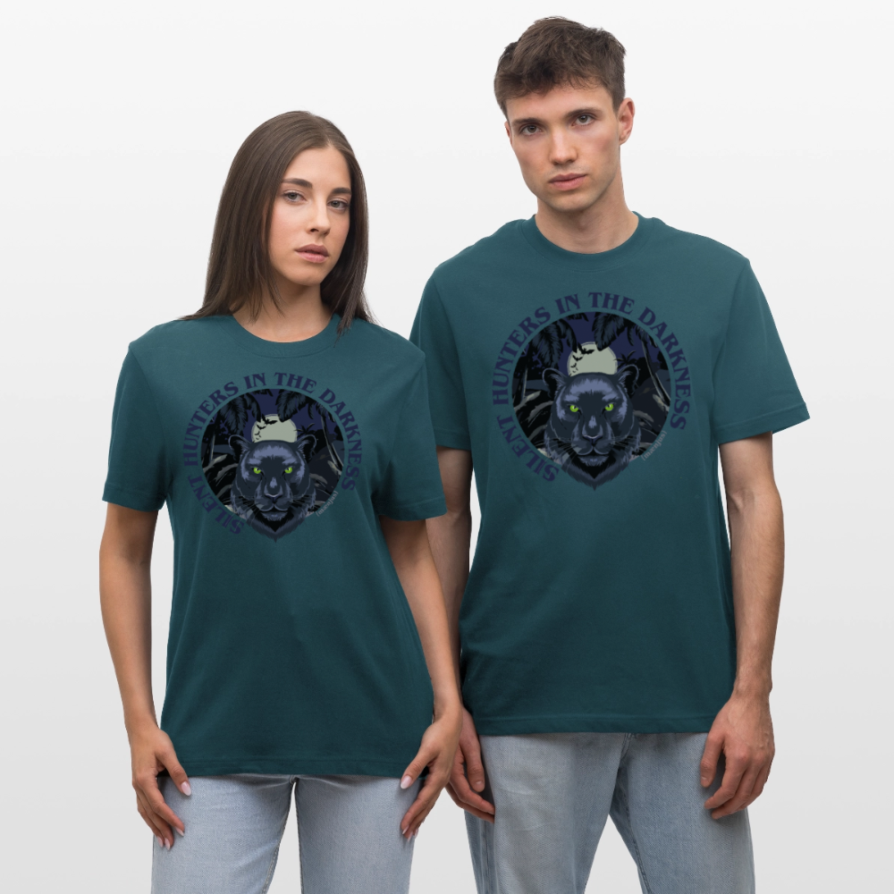 Relaxed Fit Unisex Bio-T-Shirt mit SILENT HUNTERS IN THE DARKNESS PRINT Vorderseite - Dunkles Petrol