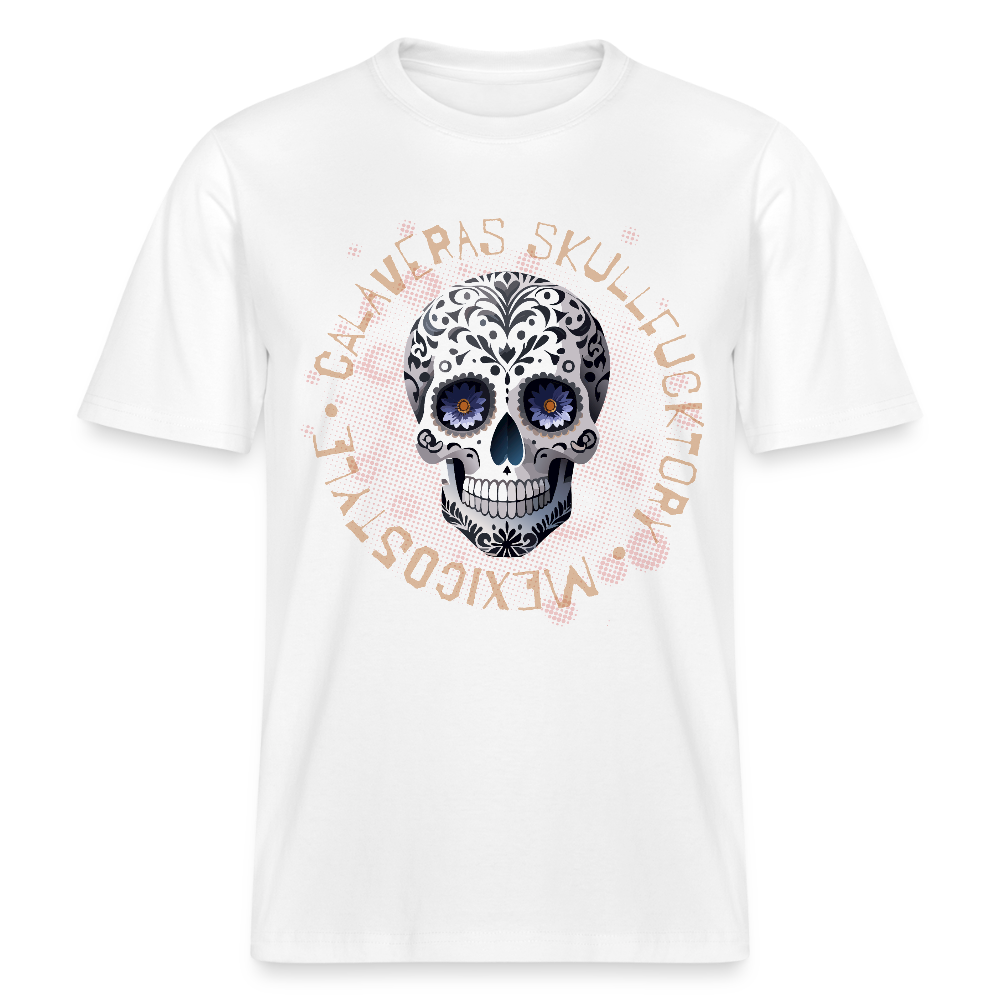 Relaxed Fit Unisex Bio-T-Shirt mit CALAVERAS SKULL PRINT Vorderseite - Weiß