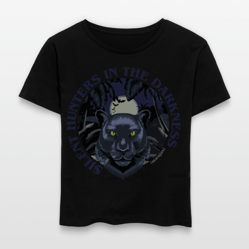 Relaxed Rundhals Frauen Bio-T-Shirt mit SILENT HUNTERS IN THE DARKNESS PRINT Vorderseite - Schwarz