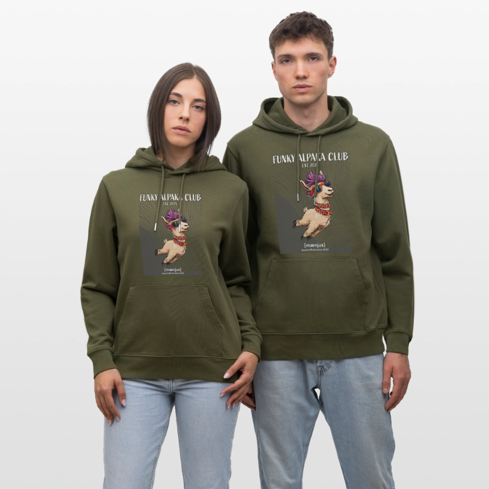 Unisex Bio-Hoodie mit FUNKY ALPAKA CLUB PRINT Vorderseite - Khaki Grün