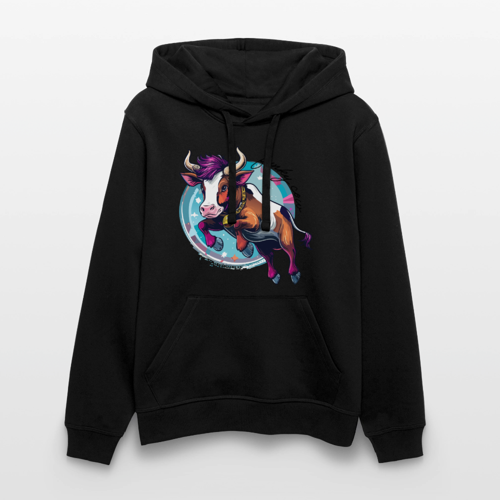 Unisex Bio-Hoodie mit FUNKY COW PRINT Vorderseite - Schwarz