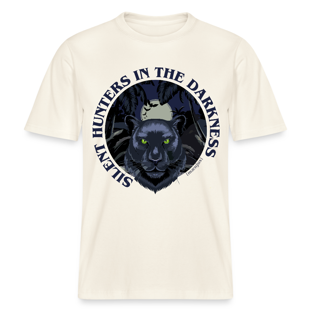 Relaxed Fit Unisex Bio-T-Shirt mit SILENT HUNTERS IN THE DARKNESS PRINT Vorderseite - Naturweiß