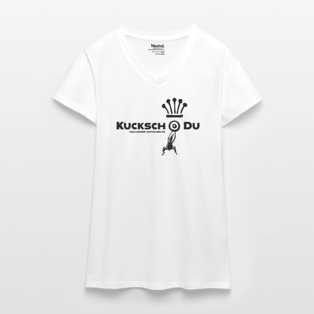 Bio Frauen T-Shirt mit V-Ausschnitt und KUCKSCH DU PRINT - Weiß