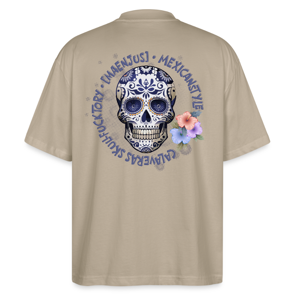 Oversized Unisex T-Shirt mit MAENJUS MEXICANSTYLE PRINT Vorder- und Rückseite - Steingrau