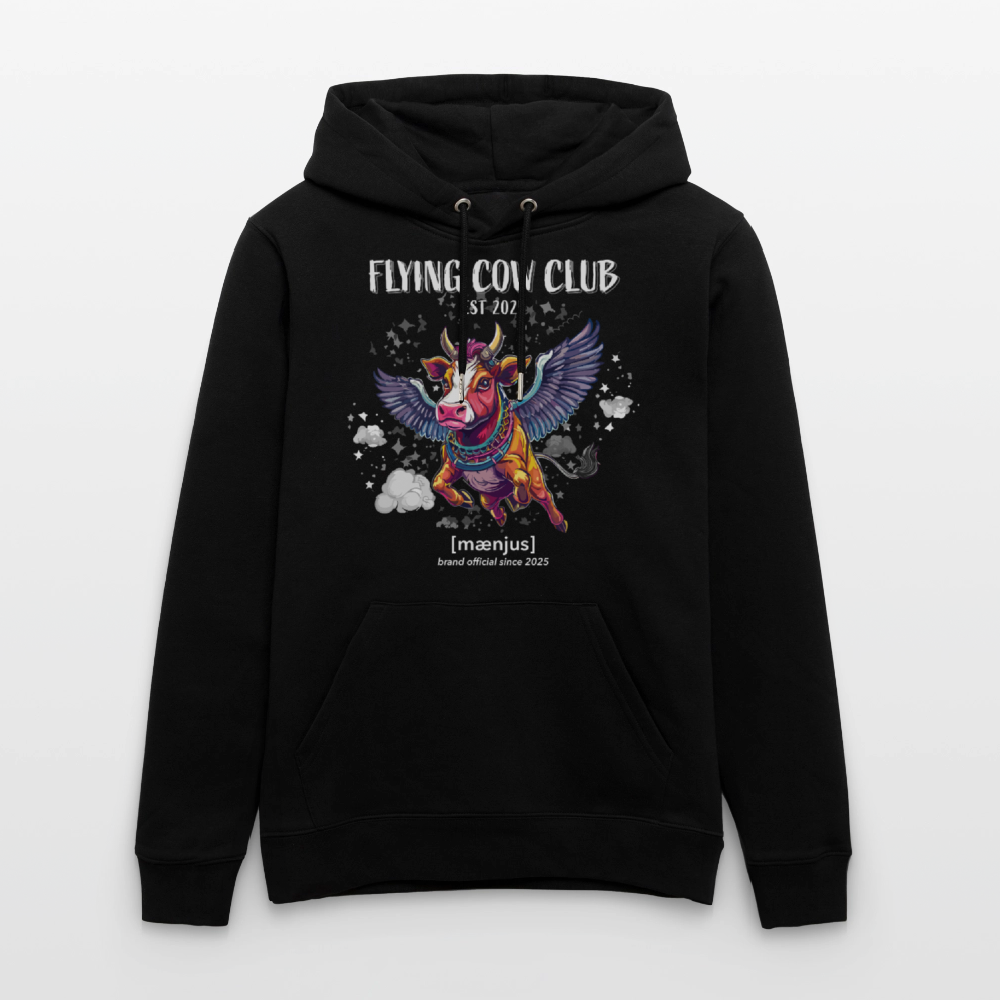 Unisex Bio-Hoodie mit FLYING COW CLUB PRINT Vorderseite - Schwarz