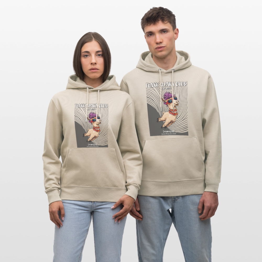 Unisex Bio-Hoodie mit FUNKY ALPAKA CLUB PRINT Vorderseite - Beige