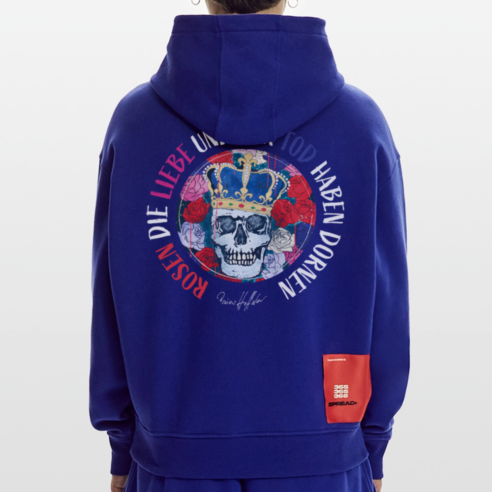 Heavyweight Oversized Organic Hoodie mit ROSEN DIE LIEBE UN DER TOD HABEN DORNEN PRINT - Iconic Blue