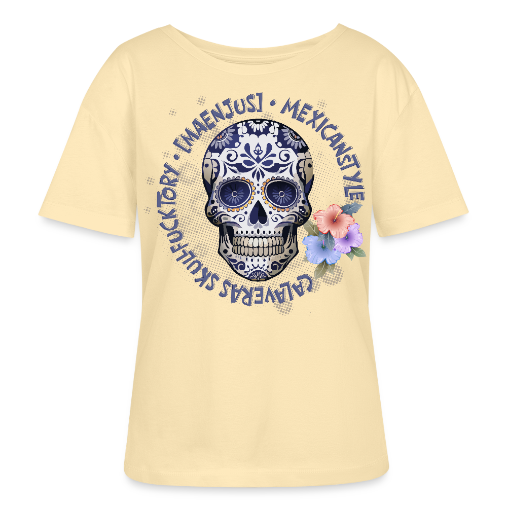 Rundhals Frauen Bio-T-Shirt mit MAENJUS MEXICANSTYLE PRINT Vorderseite - Creme
