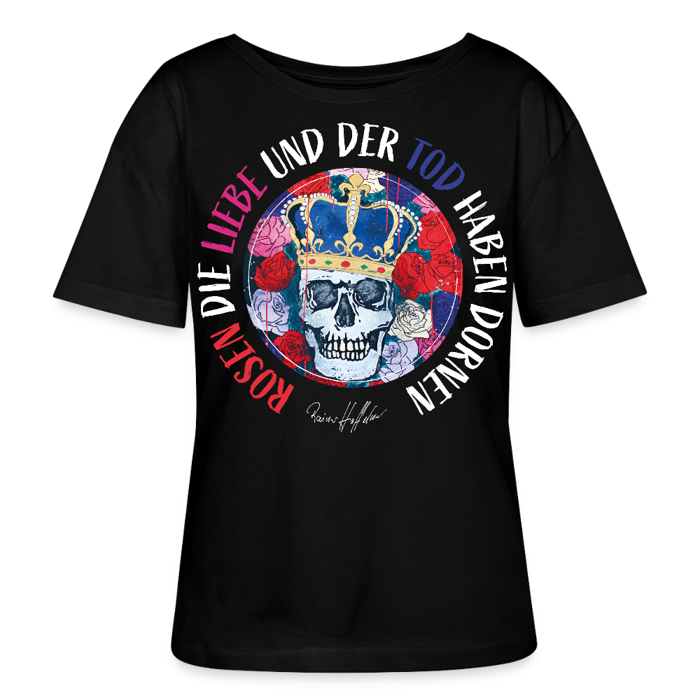 Frauen T-Shirt mit ROSEN DIE LIEBE UND DER TOD HABEN DORNEN PRINT - Schwarz