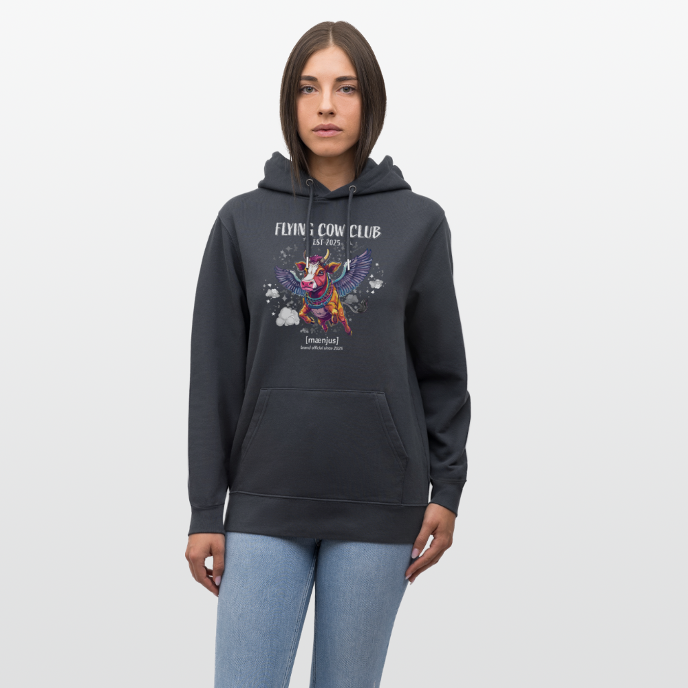 Unisex Bio-Hoodie mit FLYING COW CLUB PRINT Vorderseite - Indigoblau
