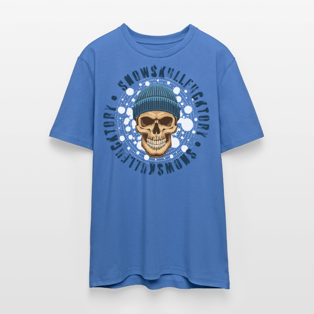 Unisex Bio-T-Shirt mit SNOWSKULL FUCKTORY PRINT Vorderseite - Achtsames Blau