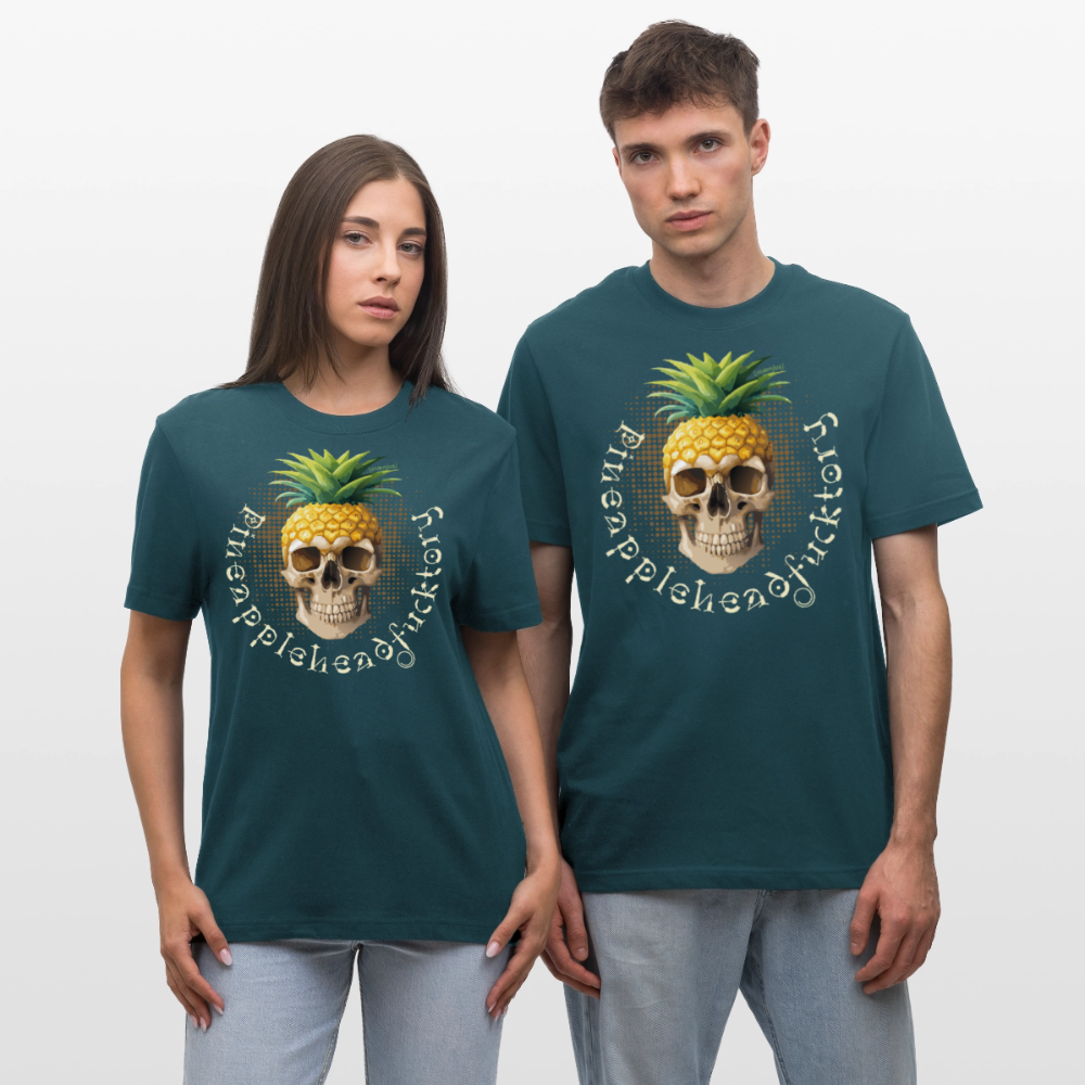 Relaxed Fit Unisex Bio-T-Shirt mit PINEAPPLE SKULL PRINT Vorderseite - Dunkles Petrol