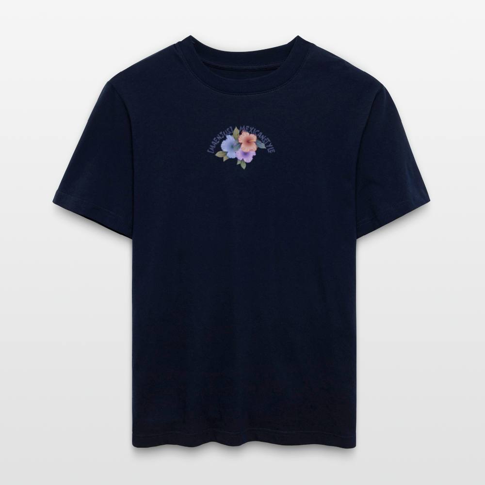 Relaxed Fit Unisex Bio-T-Shirt mit MAENJUS MEXICANSTYLE PRINT Vorder- und Rückseite - Navy