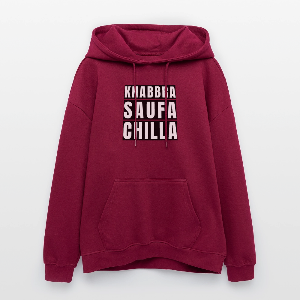 Oversized Unisex Hoodie mit KNABBRA SAUFA CHILLA PRINT - Burgunderrot