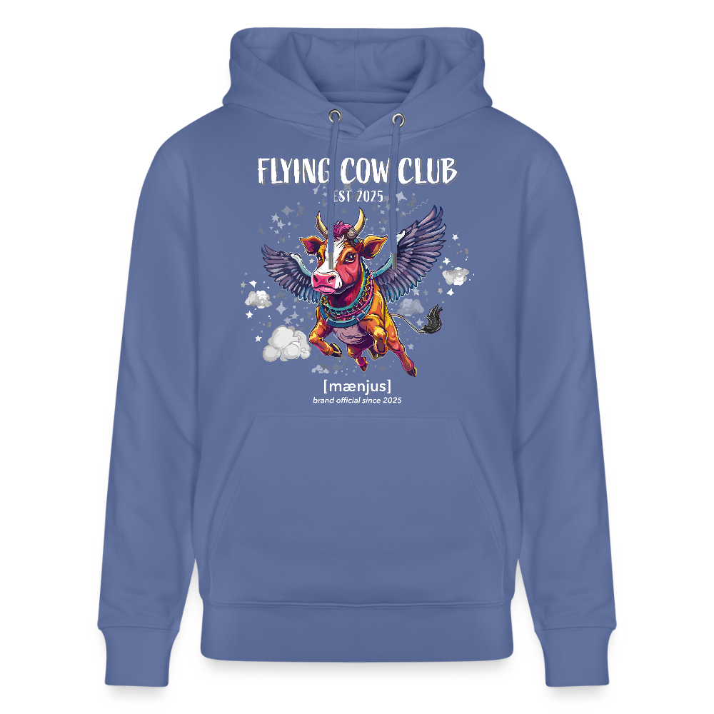 Unisex Bio-Hoodie mit FLYING COW CLUB PRINT Vorderseite - Blau