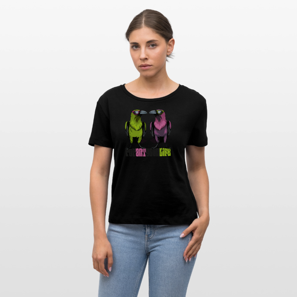 Frauen T-Shirt mit POPART YOUR LIFE PRINT - Schwarz