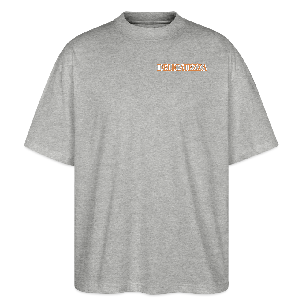 Oversized Unisex T-Shirt mit DELICATEZZA SARDINE PRINT Vorder- und Rückseite - Grau meliert