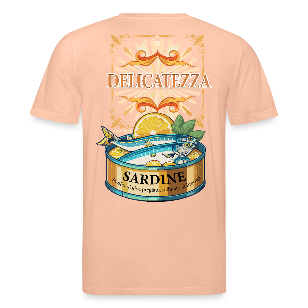 Unisex Bio-T-Shirt mit DELICATEZZA SARDINE PRINT Vorder- und Rückseite - Pfirsich